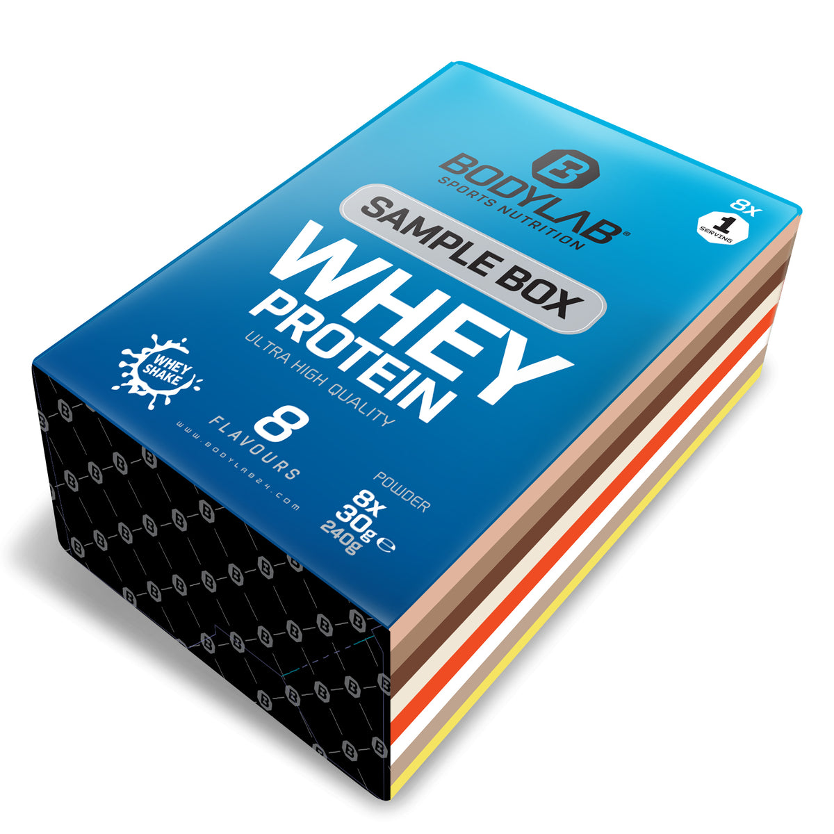 Whey Protein Probierboxen (8 Proben je 30g) Box 2: Bourbon Vanilla – Chocolate Coconut – Triple Chocolate – White Chocolate – Peach Yogurt – Stracciatella – Milk Chocolate and Lemon Cheesecake.