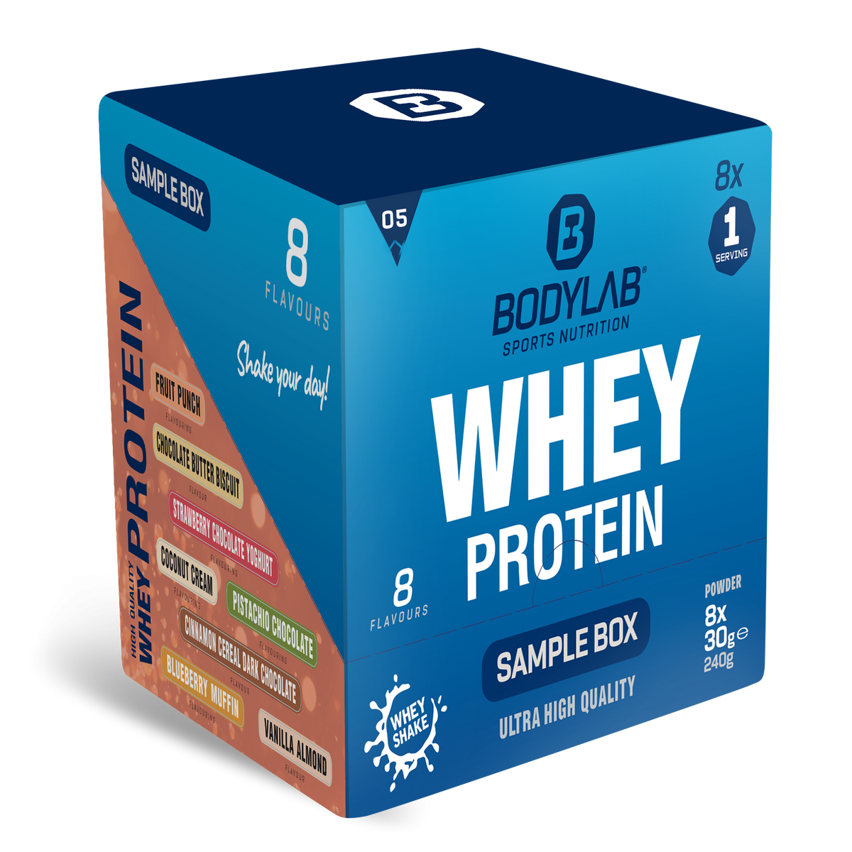 Whey Protein Probierboxen (8 Proben je 30g) Box 5: Blueberry Muffin – Fruit Punch – Strawberry Chocolate Yogurt – Coconut Cream – Chocolate Butter Biscuit – Vanilla Almond – Cinnamon Cereal Dark Chocolate and Chocolate Pistachio.