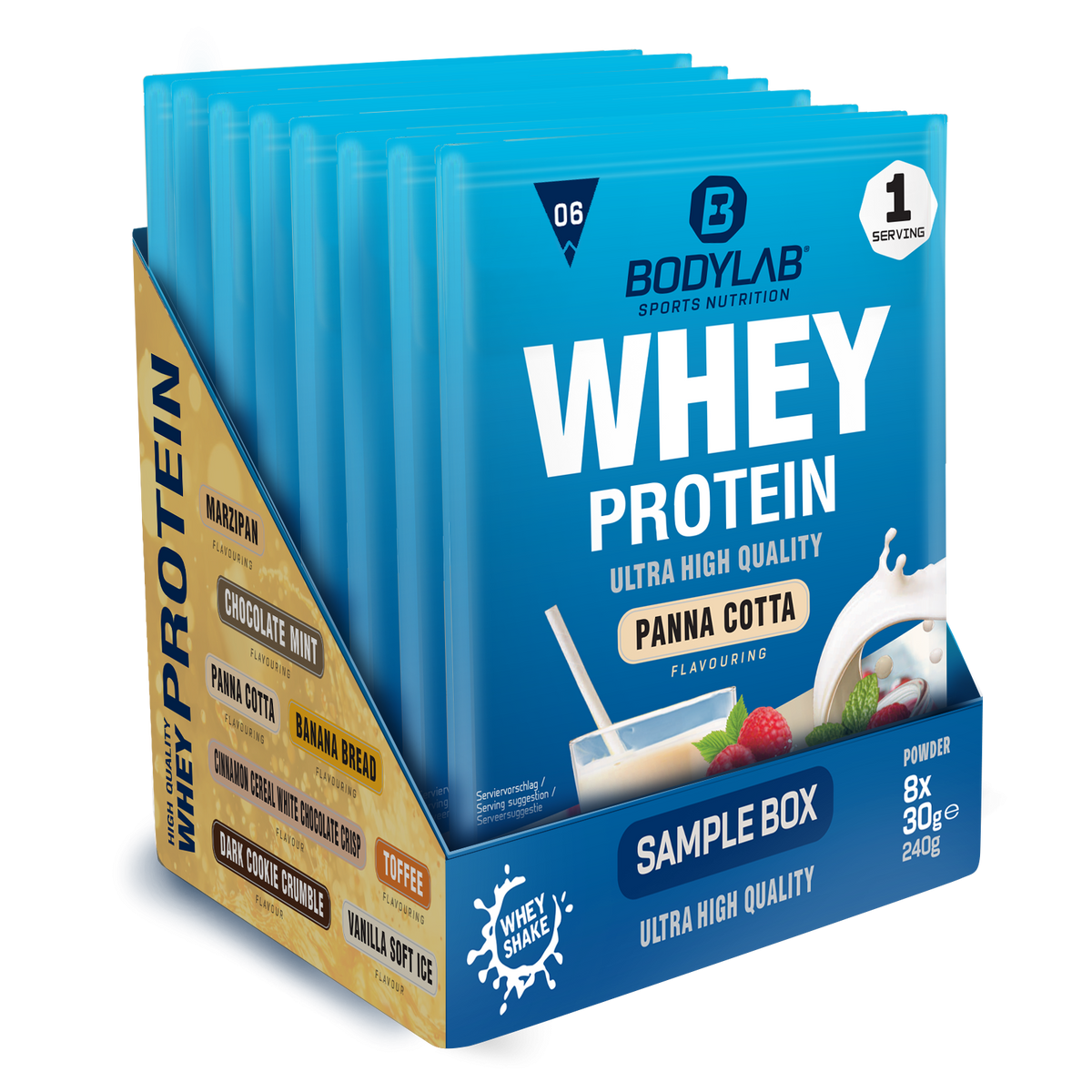 Whey Protein Probierboxen (8 Proben je 30g) Box 6: Marzipan – Toffee – Chocolate Mint – Cinnamon Cereal White Chocolate Crisp – Panna Cotta – Banana Bread – Vanilla Ice Cream and Dark Cookie Crumble.