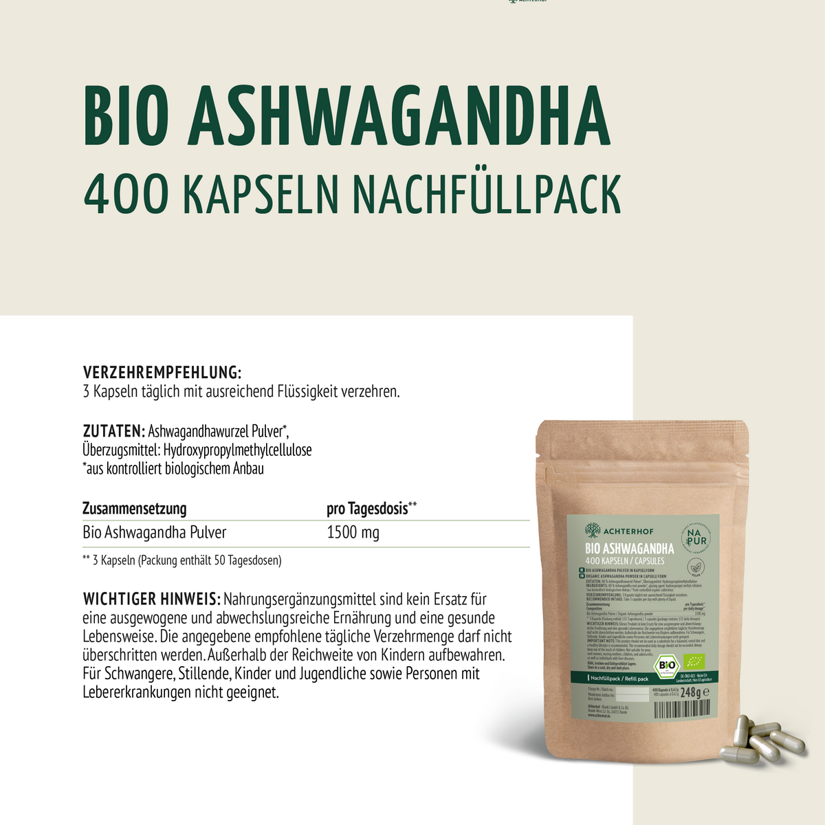 Bio Ashwagandha Kapseln Nachfüllpack (400 Kapseln)