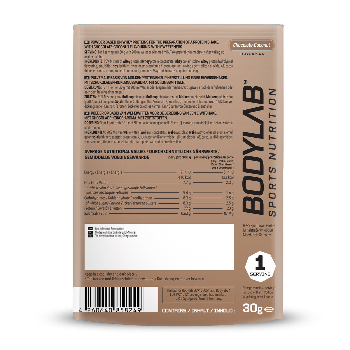 Whey Protein Probierboxen (8 Proben je 30g) Box 2: Bourbon Vanilla – Chocolate Coconut – Triple Chocolate – White Chocolate – Peach Yogurt – Stracciatella – Milk Chocolate and Lemon Cheesecake.