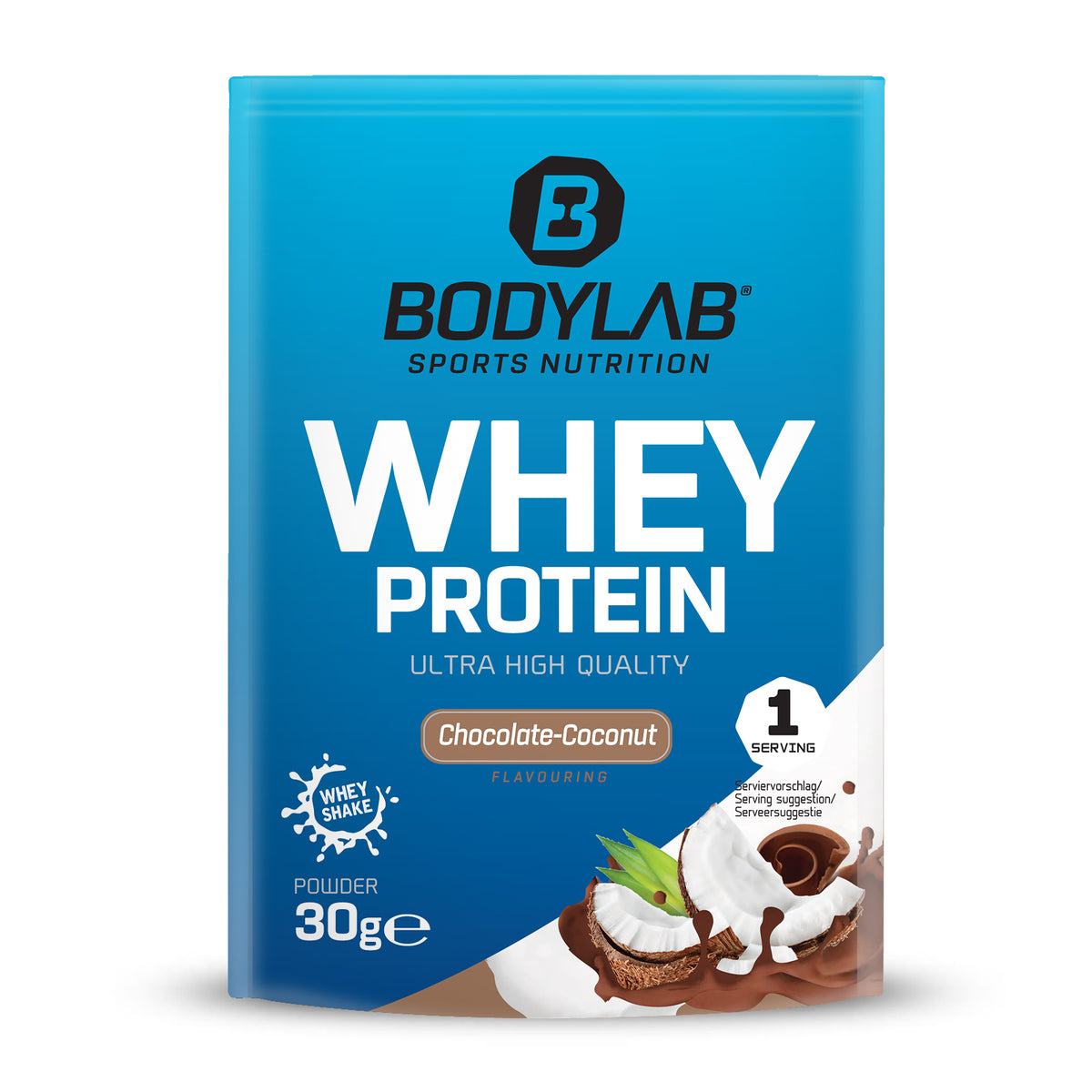 Whey Protein Probierboxen (8 Proben je 30g) Box 2: Bourbon Vanilla – Chocolate Coconut – Triple Chocolate – White Chocolate – Peach Yogurt – Stracciatella – Milk Chocolate and Lemon Cheesecake.