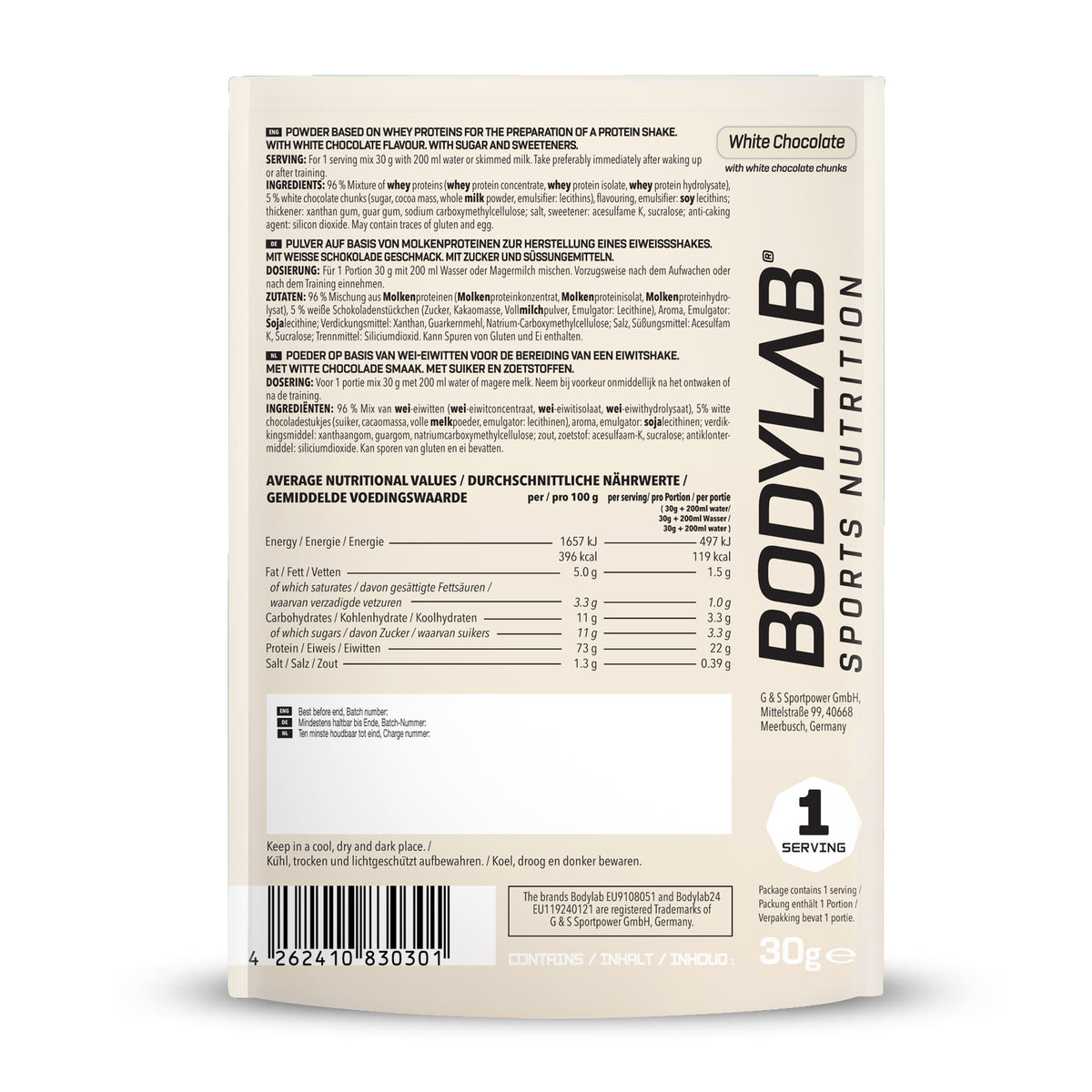 Whey Protein Probierboxen (8 Proben je 30g) Box 2: Bourbon Vanilla – Chocolate Coconut – Triple Chocolate – White Chocolate – Peach Yogurt – Stracciatella – Milk Chocolate and Lemon Cheesecake.
