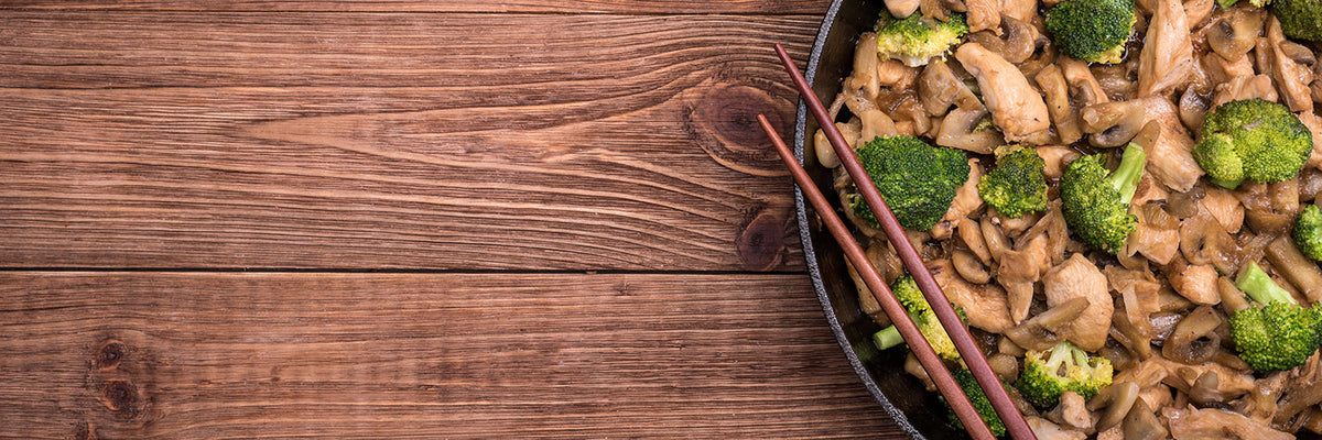 Chicken with broccoli and mushroom stir fry.