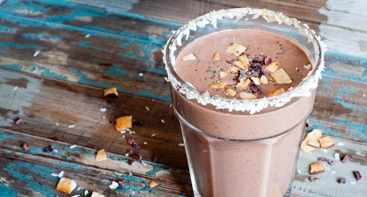 Chocolate coconut smoothie milkshake blended with cacau, coconut