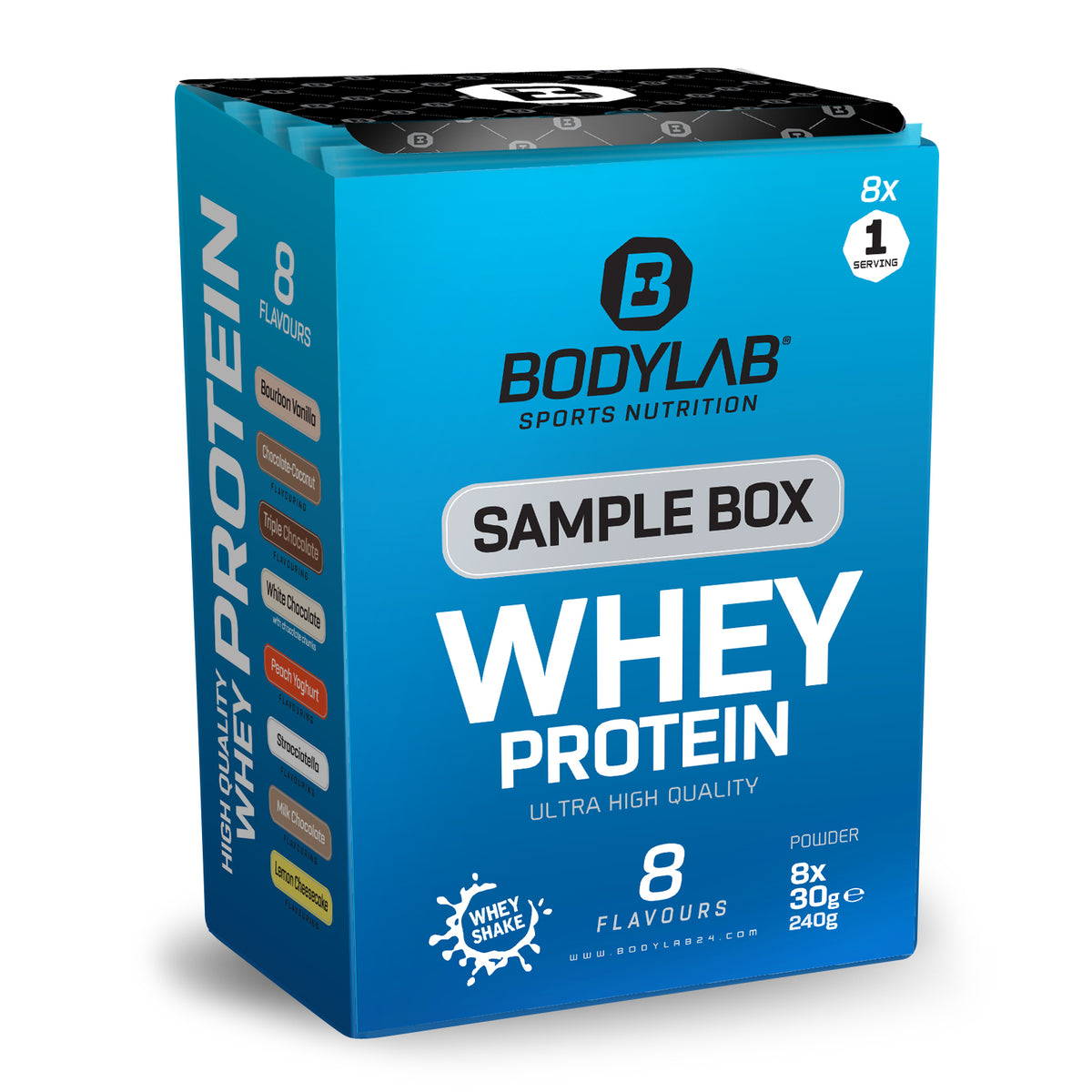 Whey Protein Probierboxen (8 Proben je 30g) Box 2: Bourbon Vanilla – Chocolate Coconut – Triple Chocolate – White Chocolate – Peach Yogurt – Stracciatella – Milk Chocolate and Lemon Cheesecake.