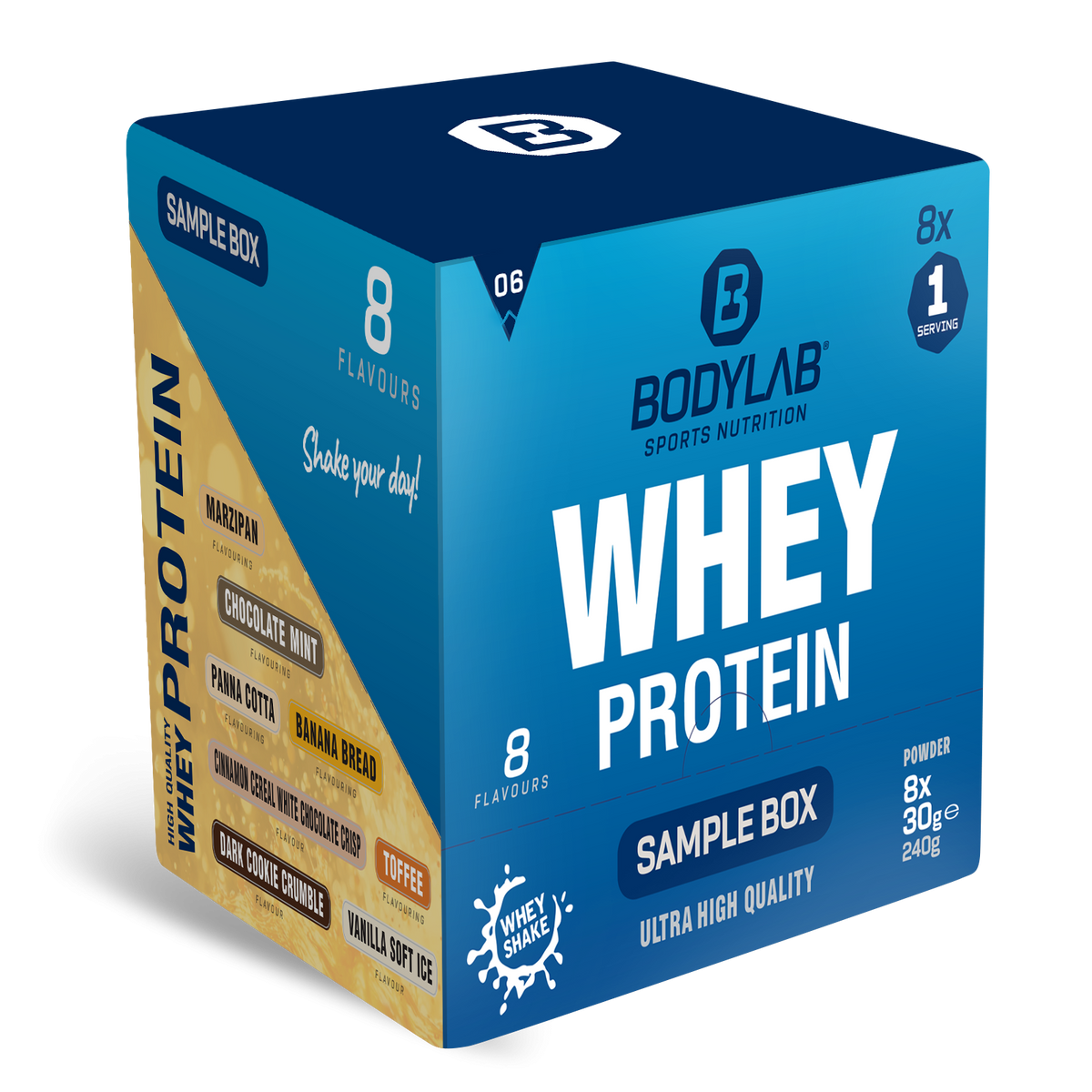 Whey Protein Probierboxen (8 Proben je 30g) Box 6: Marzipan – Toffee – Chocolate Mint – Cinnamon Cereal White Chocolate Crisp – Panna Cotta – Banana Bread – Vanilla Ice Cream and Dark Cookie Crumble.