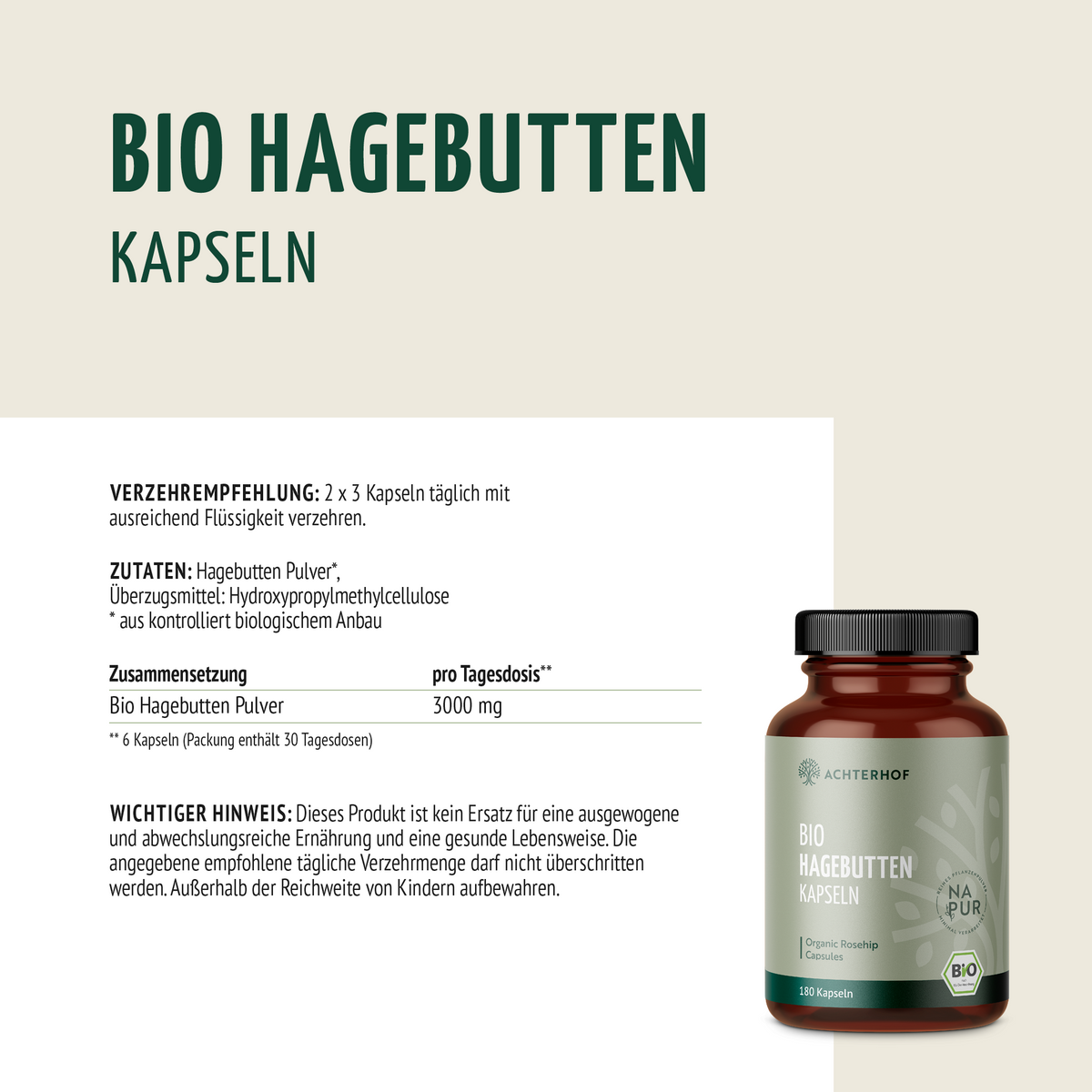 Bio Hagebutten Kapseln (180 Kapseln)
