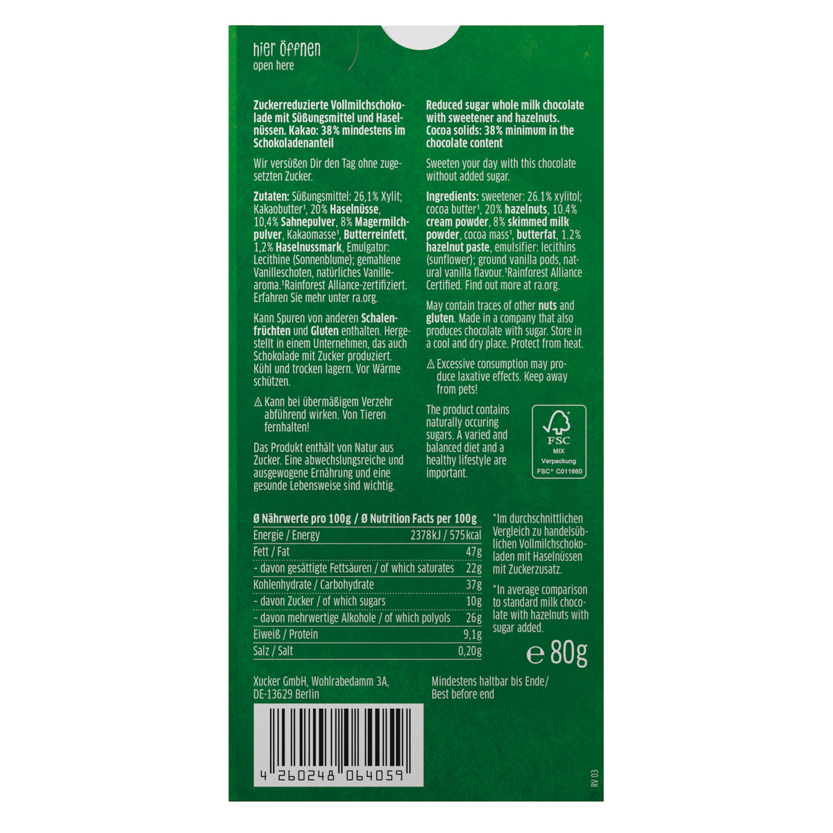 Edel Vollmilchschokolade mit Xylit und Haselnüssen (80g)